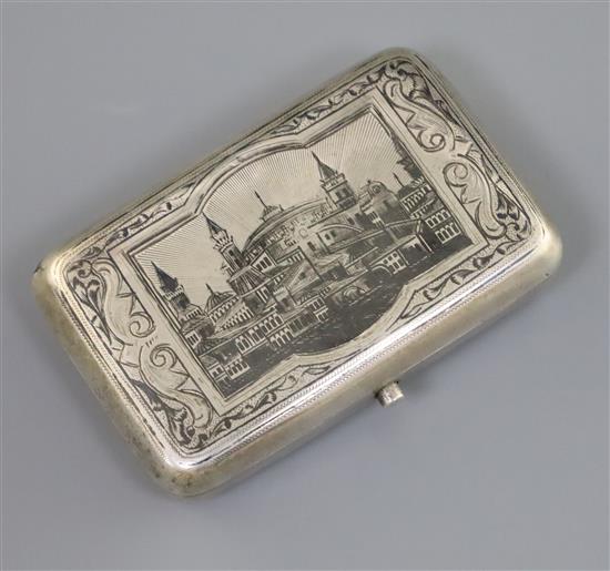 A late 19th century Russian 84 zolotnik silver and niello cigarette case, decorated with view of Lenins Mausoleum?, gross 124 grams